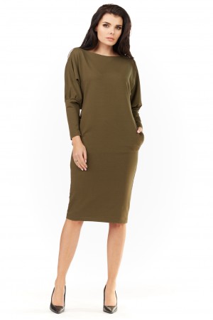 Rochie kaki de zi dreapta maneci lung