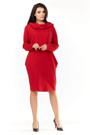 Rochie rosie midi casual sport cu gluga si buzunare