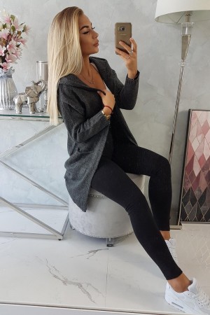 Cardigan dama cu gluga si buzunare gri-inchis