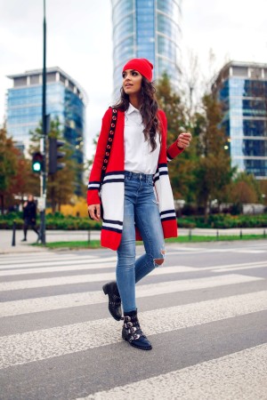 Cardigan dama casual-sport in doua culori rosu-alb