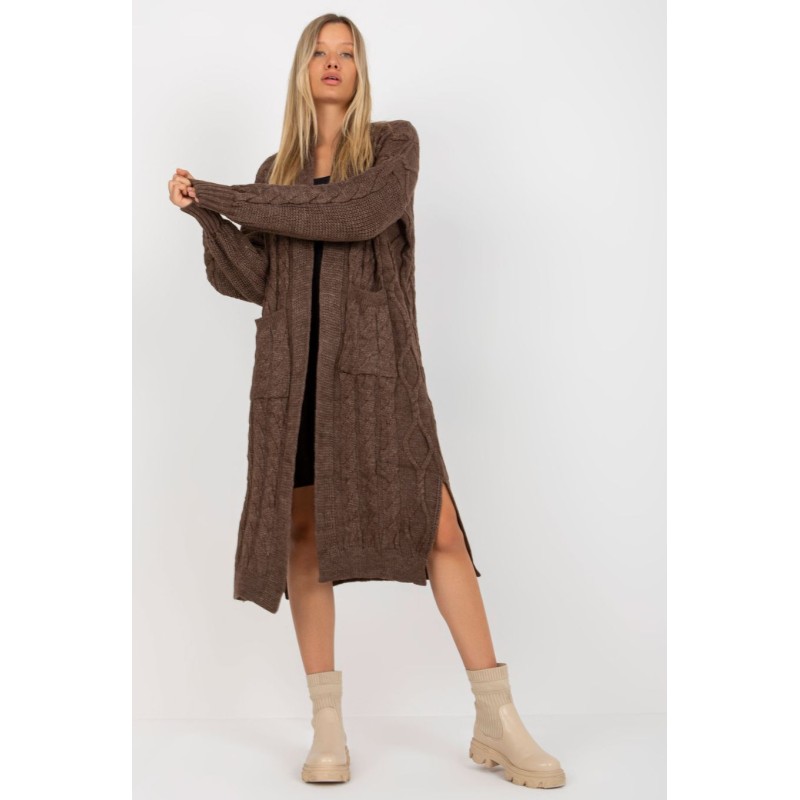 Cardigan maro lung de dama tricotat cu model impletit