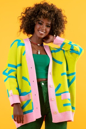 Cardigan de dama jacquard lime cu croi larg