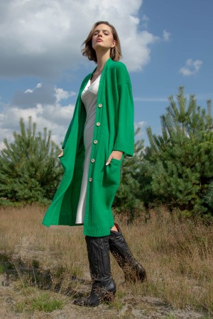 Cardigan dama lung marimi mari verde cu nasturi