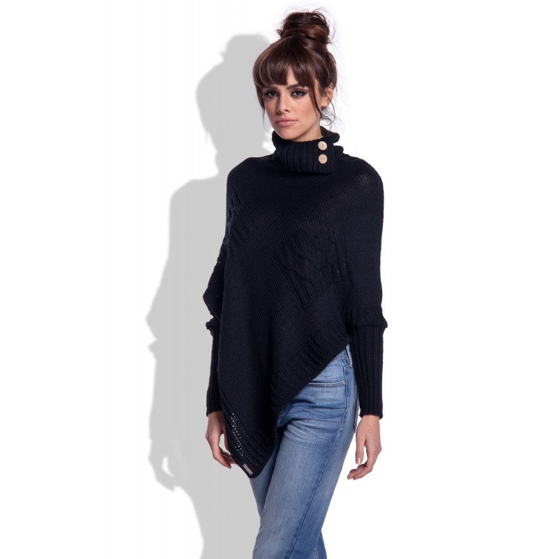 Poncho negru tip helanca accesorizata cu trei nasturi Poncho negru tip helanca accesorizata cu trei nasturi