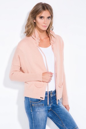 Cardigan sport apricot cu guler si buzunare laterale