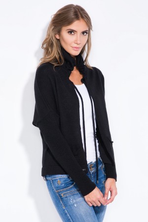 Cardigan sport negru cu guler si buzunare laterale