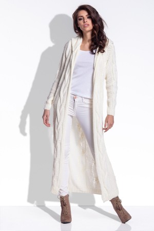 Cardigan de dama maxi lung casual-sport cu gluga ecru