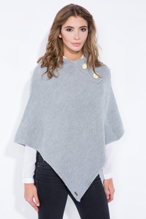 Poncho clasic cu gluga accesorizat cu doi nasturi gri