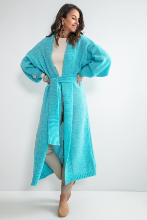 Cardigan Lily dama elegant lung cu cordon albastru