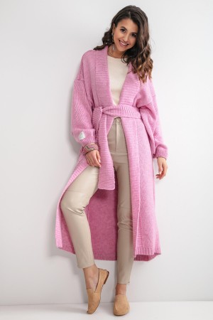 Cardigan dama elegant lung lejer cu cordon roz