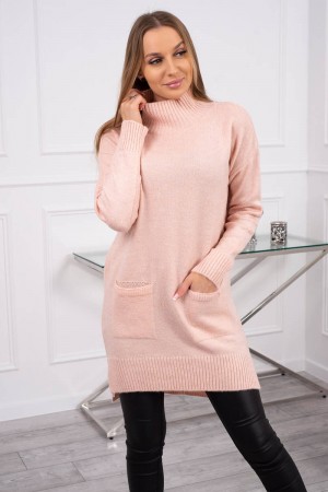 Pulover tricotat dama roz lung cu buzunare