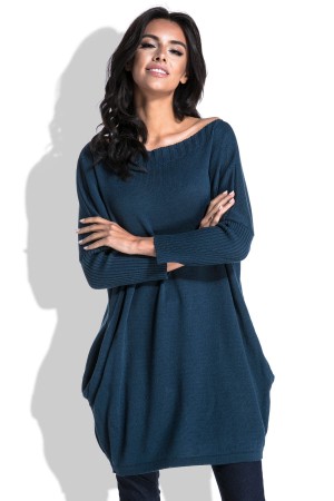 Pulover tricotat dama bleumarin lung cu buzunare