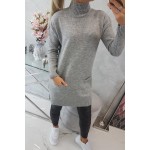 Pulover tricotat dama gri lung cu buzunare