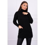 Pulover lung Supradimensionată negru cu guler inalt și buzunare