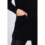 Pulover lung Supradimensionată negru cu guler inalt și buzunare