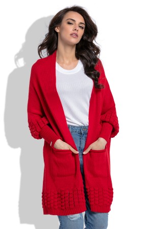 Cardigan de dama rosu cu model decorativ tricotat