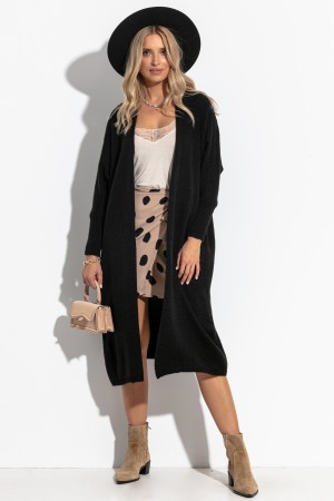 Cardigan negru tricotat lung si elegant cu maneci lungi