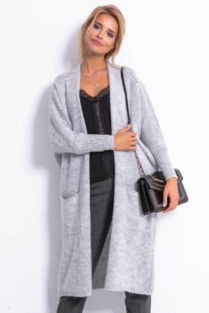 Cardigan tricotat gri-deschis cu maneci lungi