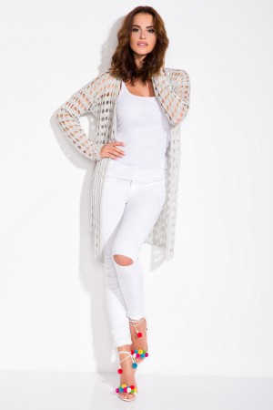 Cardigan dama gri lung crosetat cu maneci lungi