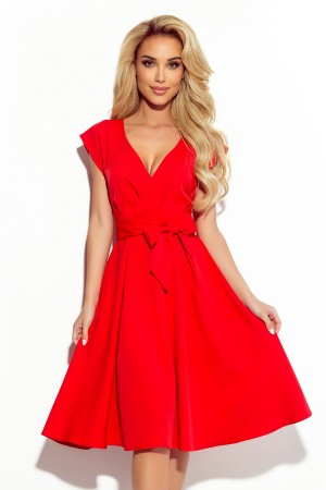 Rochie rosie midi eleganta de ocazie cu cordon