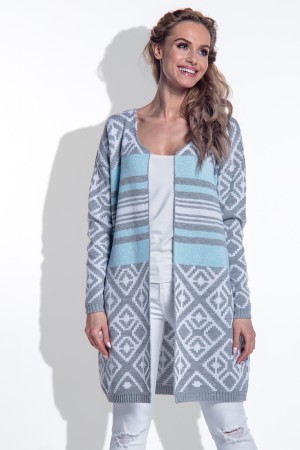 Cardigan de dama lung din tesătură tip jacard skyblue