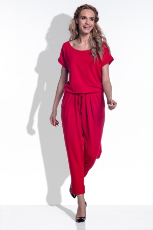 Salopeta dama cu maneci scurte si pantaloni trei sferturi rosie