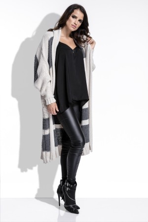 Cardigan dama lung cu dungi asimetrice bej