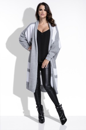 Cardigan dama lung cu dungi asimetrice gri
