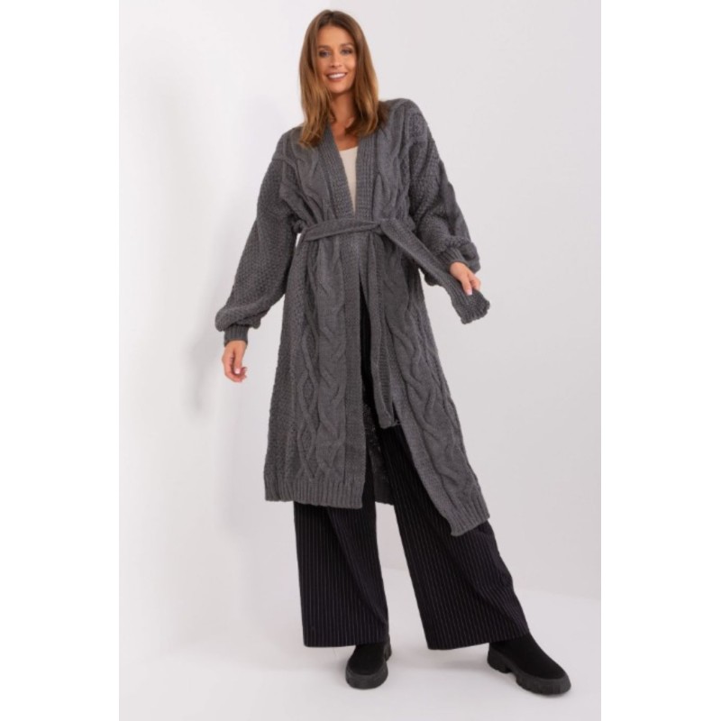 Cardigan dama lung si supradimensionat cu cordon in talie gri Cardigan dama lung si supradimensionat cu cordon in talie gri