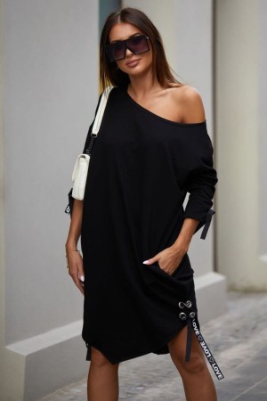 Rochie sport-chic oversize neagra cu siret LOVE