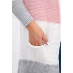 Cardigan multicolor cu lungime medie gri-roz-alb