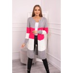 Cardigan multicolor cu lungime medie gri si raspberry