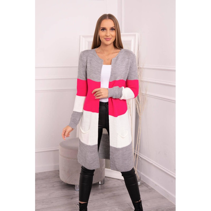 Cardigan multicolor cu lungime medie gri si raspberry