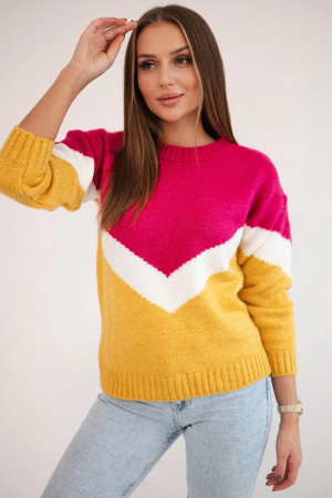 Pulover dama din lana, model geometric in V Fucsia, mustar