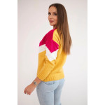 Pulover dama din lana, model geometric in V Fucsia, mustar