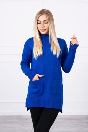 Pulover lung cu guler inalt mov-albastru tricotat dama