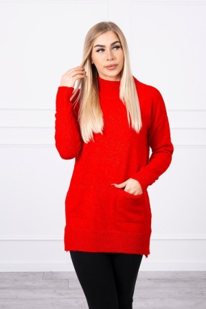 Pulover rosu lung tip tunica tricotat cu buzunare
