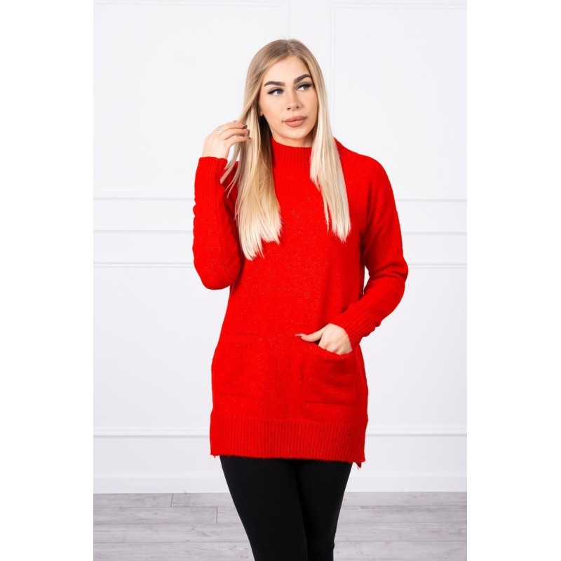 Pulover rosu lung tip tunica tricotat cu buzunare