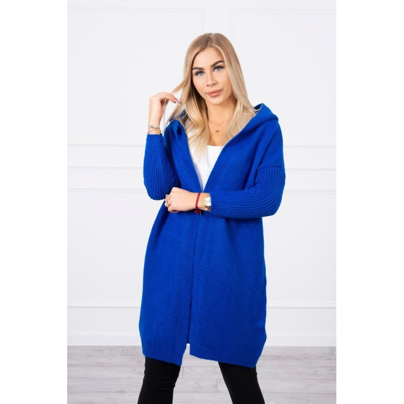 Cardigan de dama lung albastru cu gluga Cardigan de dama lung albastru cu gluga