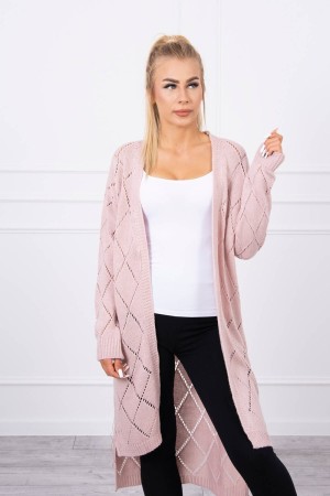 Cardigan roz pudrat asimetric cu model perforat subtire