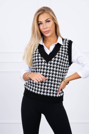 Vesta tricotată negru-alb cu model pepite si decolteu in V