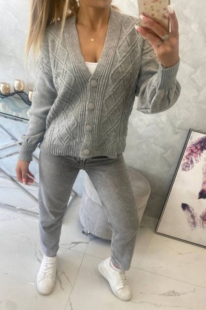 Cardigan gri dama decolteu in V cu nasturi in fata