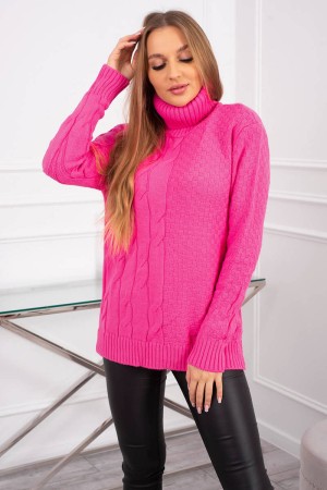 Pulover roz neon călduros cu torsade si guler polo