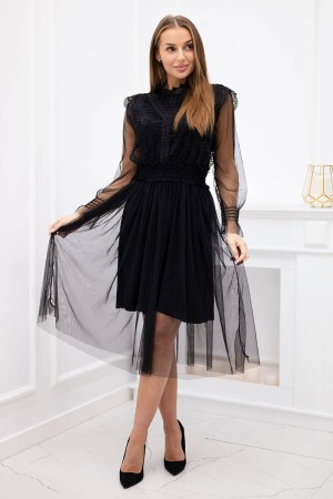 Rochie Neagra de Ocazie, Scurta, din Tul si Dantela