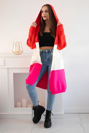 Cardigan tricotat in 3 culori cu lungime medie si gluga rosu, alb, roz