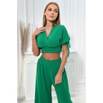 Compleu bluza top scurt elegant si pantaloni largi verde