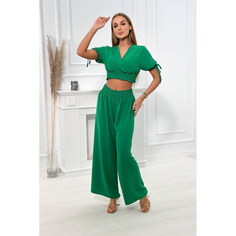 Compleu bluza top scurt elegant si pantaloni largi verde