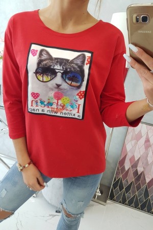Bluza casual rosie din bumbac cu imprimeu Pisica