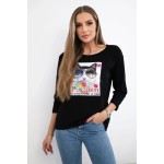 Tricou cu maneca trei sferturi negru cu pisica