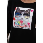 Tricou cu maneca trei sferturi negru cu pisica